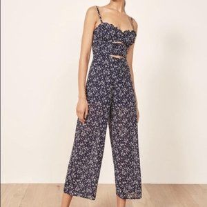 Reformation Fergie Navy Blue White Floral Spaghetti Strap Jumpsuit